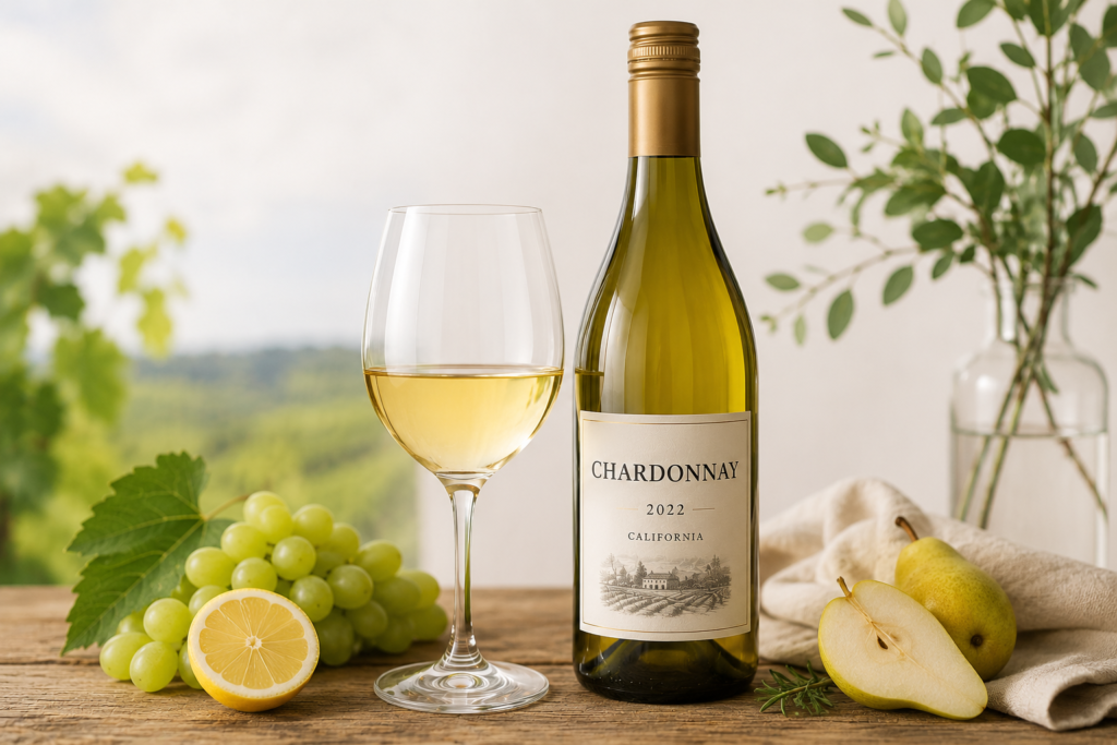 A bottle of Chardonnay white wine with a glass of wine, green grapes, lemon, pear, and a softly blurred vineyard background, highlighting the fresh and approachable character of Chardonnay.