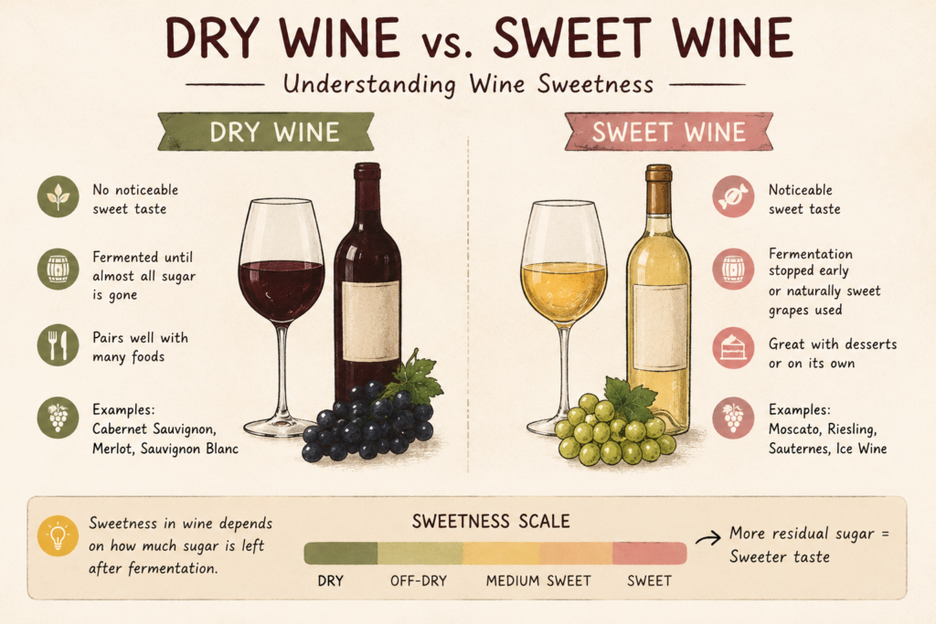 A simple infographic comparing dry wine and sweet wine, showing differences in sweetness, fermentation, food pairings, and popular wine styles for beginners.