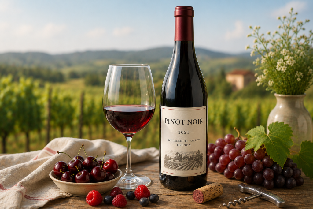 A bottle of Pinot Noir red wine with a wine glass, fresh cherries, grapes, and a vineyard in the background, highlighting the elegance of this light-bodied red wine.