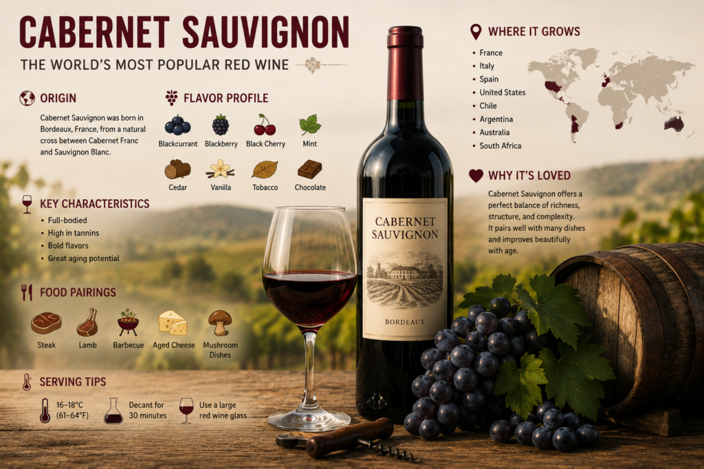 Illustration of a Cabernet Sauvignon wine bottle and glass with grapes, oak barrel, vineyard background, and beginner-friendly information about this popular red wine.