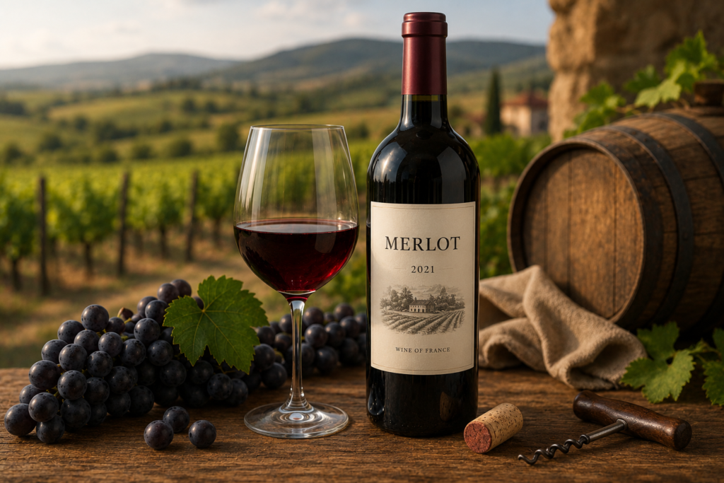 Merlot red wine bottle and glass displayed with fresh grapes and a vineyard, illustrating one of the world's smoothest red wines for beginners.