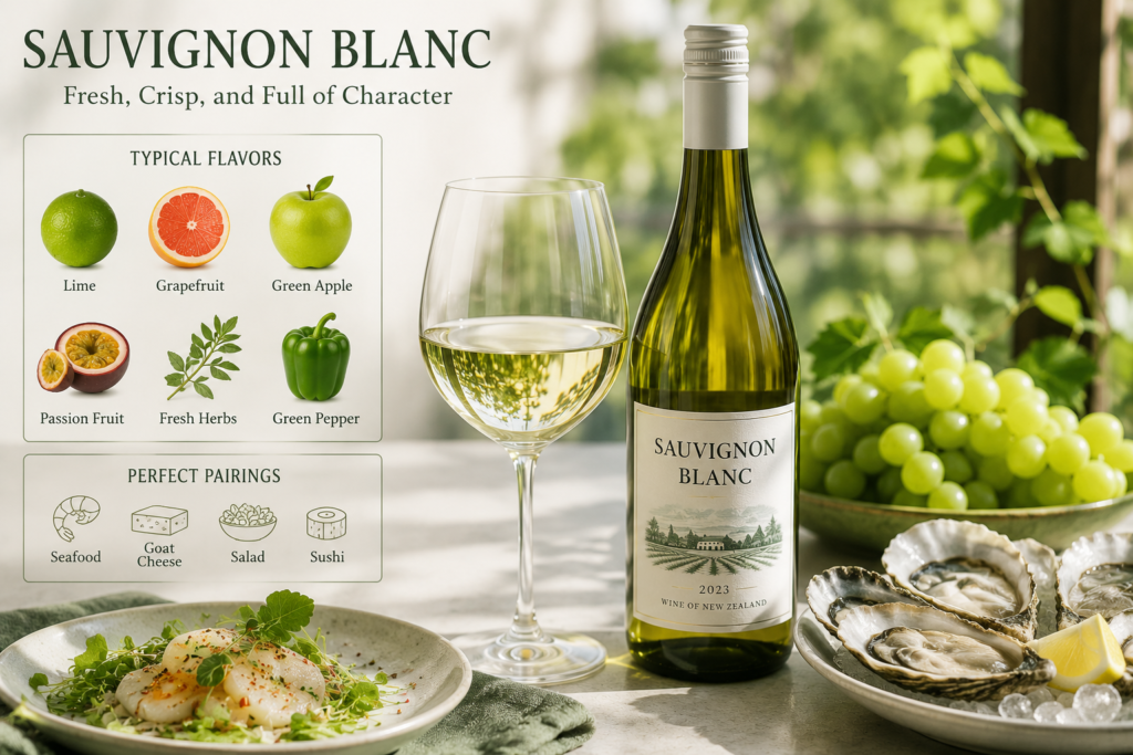 A bottle of Sauvignon Blanc with a glass of white wine, green grapes, oysters, seafood, and fresh fruit, highlighting the crisp and refreshing character of this popular white wine.